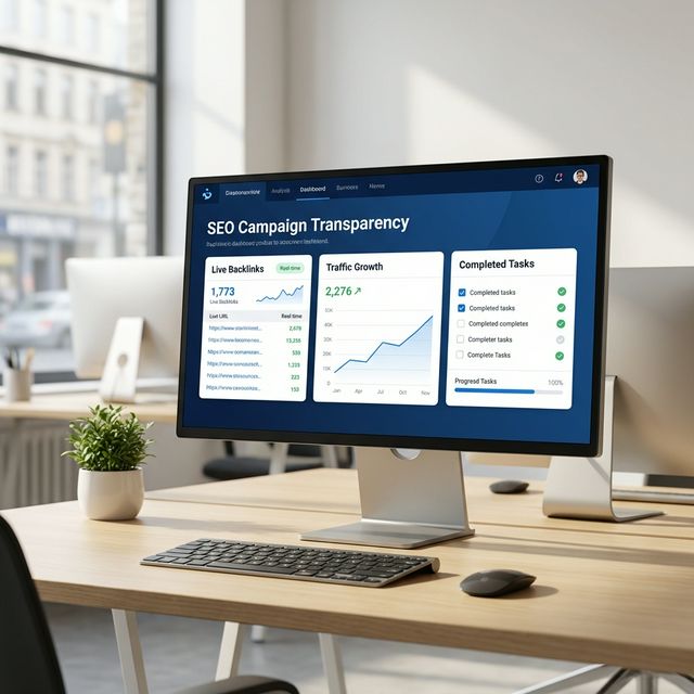 A professional transparency dashboard showing live SEO campaign progress